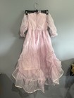 Vtg 70s Lilac Organza Prairie Dress High Neck Lace Girls Youth Tiered Gown
