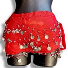 Belly Dance Hip Scarf Red Coin Belt Chiffon Silver Dangle Tribal Wrap One Size