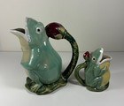 Pair Of Vintage Majolica Ceramic Frog On Lilly Pad Pitchers 9  And 5 