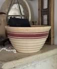 Antique Hull Maroon Stripe Yellow Ware Mixing Bowl  Stained And Crazed  