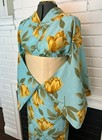 Japanese Vintage Yukata     Turquoise Blue With Golden Tulip Print  Women s Yukata