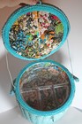 Vntg Sewing Basket W Handle   Insert Boho Modern Padded Fabric Top Cute 