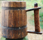 Antique Primitive Handcarved Wooden Tankard Barrel Mug corncob Handle Old Nails