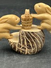 Netsuke 2 Rabbits Pushing Basket Tagua Nut   Resin 
