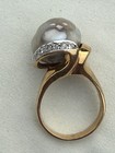 Vintage 14k Gold 13mm Baroque Pearl Diamond Modernist Bypass Ring Size 6 5