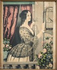Antique 1850 Lithograph Of Victorian Woman On Floral Window Balcony 15 X 13 