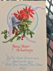 Postcard New Year Greetings Card Bells Chime Garland Unused Vintage