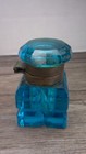 Antique Blue Cut Glass Ink Well Square Faceted Crystal Glass W  Hinged Lid     I