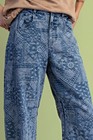 Easel Jacquard Patchwork Barrel-leg Washed Denim Blue Jeans Women s Pants