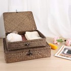 Set Of 2 Flat Woven Wicker Storage Bins With Lid Natural Seagrass Basket