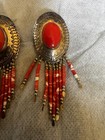 Vintage Native American Navajo Sterling Silver Coral Concho Style Earrings
