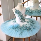 Girls Ice Blue Ballet Tutu Dress Floral Crystal Handmade Performance Costume