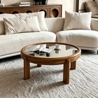 Mid-century Retro Round Coffee Table 33 46  Silver Mirrored Top Solid Wood Frame