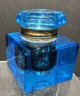 1890s Pretty Blue Cut Glass Square Cube Inkwell With Slight Manganese Glow