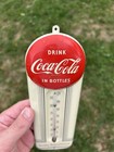 Original Coca Cola Embossed Button Painted Metal Thermometer Sign