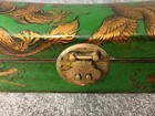 Vintage Chinese Green Lacquered Wood Leather Jewelry Trinket Treasure Pillow Box
