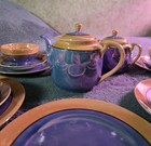 Vtg Takito Lusterware Japan Tea Set Blue Peach Gold Trim