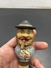 Vintage Hand Carved Painted Wood Wine Cork Bottle Stopper Cigar Man Mechanical