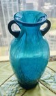 Large Artisian Turquoise Aqua Blue   Gold Blown Glass Vase 9  Tall Vintage Heavy