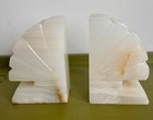 Vintage Art Deco White Onyx Marble Stone Bookends Fan Shell Sculpture Pair