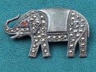 Sterling Silver Elephant Pin W  Marcasites   Red Gem Eye  1 5 X  75 