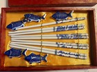 Vintage Chinese Blue   White Porcelain Ceramic Chopsticks   Fish Rests Boxed Set