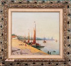 Antique Nautical Oil Painting On Board     Harbor Scene With Sailboats  