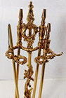 Vintage Ornate Rococo Shiny Brass Petite Fireplace Tool Set - 5 Piece   Stand