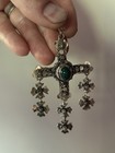 Vintage Mexico 925 Sterling Silver Yalalag Cross Pendant Green Stone Cannetile