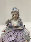 Vintage Victorian Porcelain Half Doll Pin Cushion Purple   Blue Beaded Dress