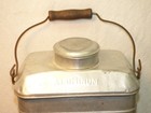 Vintage Aluminum Miner s Railroad Lunch Pail 3 Pc Metal W Lid   Wood Bail Handle