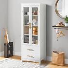 Glass Door Display Cabinet Floor Standing W  2 Drawer Storage Cabinet Bookshelf