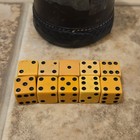 Set Of 10 Butterscotch Bakelite Dice With Black Pips And Black Leather Dice Cup