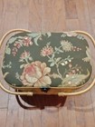 Vintage Wicker Sewing Basket With Floral Lid And Satin Interior