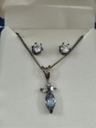    sterling Silver 925 Marquise Blue Topaz Cz Pendant Necklace Stud Earrings Set