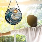 Stained Glass Window Hanging  Blue And White Waves Suncatcher Diamond Glass P   