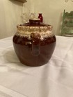 Monmouth  Bean Pot W lid Brown Drip Stoneware Pottery Crock 7 6  X  6 2  X  5 4 