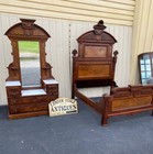 63933   Antique Victorian Walnut  2 Pc Marble Top Bedroom Set Bed Dresser W  Mir