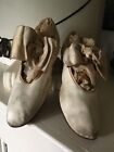 Vintage Ant  Victorian Edwardian Girls White Leather Shoe Lrg Silk Bow Sz 12 1 2
