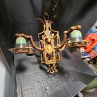 Nice Pair Matching Cast Brass Cameo 5 Light Chandeliers Medieval Spanish Revival