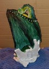 Fantasy Green Dragon Statue Figurine With Wizard Figure On Base