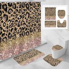 4 Pcs Leopard Print Shower Curtain Set With Non-slip Rugs  Toilet Lid Rosegold