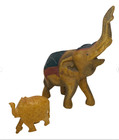 2 Vintage Wooden Hand Carved Elephants Primitive Wood Figurines Painted Trunk Up