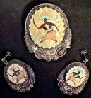 Vintage Lonjose Zuni Sterling Silver Pearl-inlay Dancer Bolo Tie  Earrings Set 3