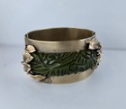 Art Deco Bakelite Clad Carved Green Brass Hinged Cuff Estate Bracelet Vtg 30s