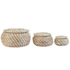 Round Woven Seagrass Baskets Set Of 3 With Lid - Handmade Rattan Storage Box For