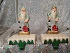 Set Of 2 Cast Iron Santa Light Green Coat Christmas Stocking Holder 5  Tall