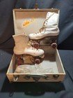 Vintage White Roller Skates Chicago Plates Metal Case Derby Wood Wheels Sz 7 1 2