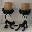 Vintage Cast Iron Monkey Pillar Candle Holders Pair