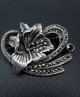 Antique Art Deco nouveau 925 Sterling  Marcasite And Amethyst Flower Brooch Pin